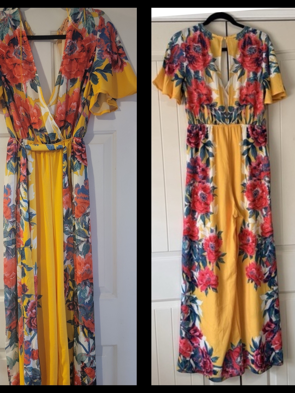 Yellow Floral Maxi Jumpsuit  with Pink-Red Blooms